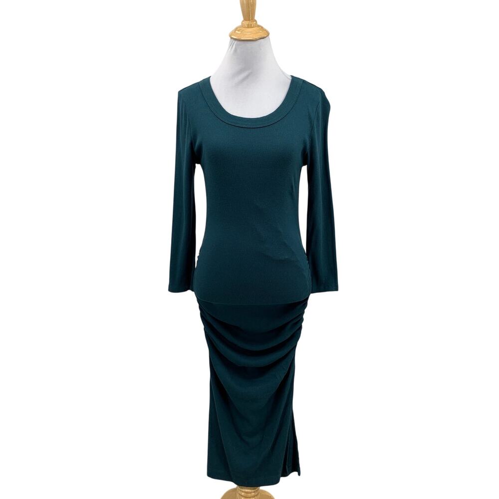 Michael Stars Dress Womens S Small Spruce Marina Ribbed Ruched Long Sleeve Midi